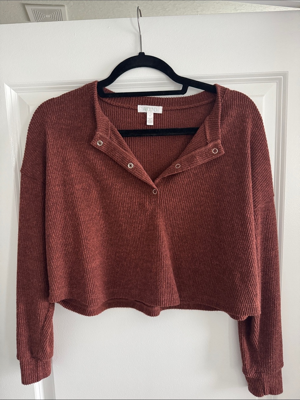 a new day Rust Cropped Snap-Front Chenille Pullover